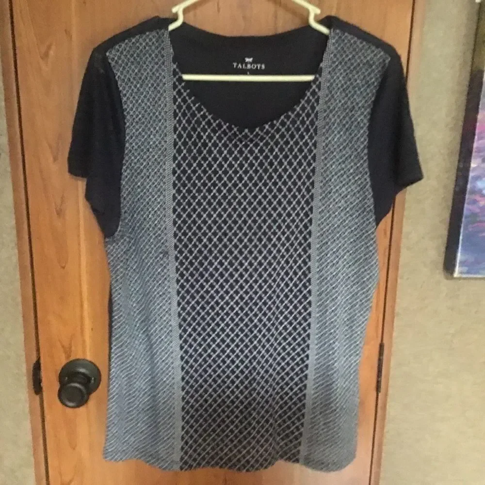 Talbots Women’s Sz L Navy Print Linen Blouse - Picture 2 of 8